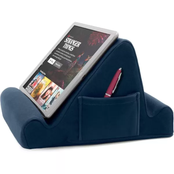 Brookstone  Memory Foam Lap Desk Tablet Holder Holds Phones iPads EBook Readers 2 Viewing Angles 2 Side Pockets for Accessories Book Holder Cushion Perfect for Home Car Travel ampamp FlightsRoyal Blue