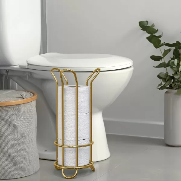 BROOKSTONE Chrome Toilet Paper Holder Freestanding Bathroom Tissue Organizer Minimalistic Storage Solution Stylish Design Holds MEGA RollsGold