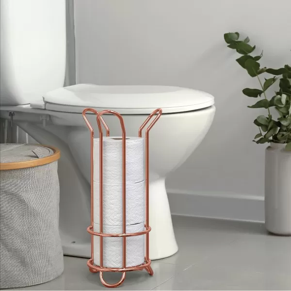 BROOKSTONE Chrome Toilet Paper Holder Freestanding Bathroom Tissue Organizer Minimalistic Storage Solution Stylish Design Holds MEGA RollsRose Gold