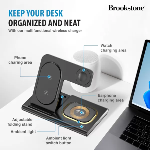 Brookstone 3in1 Wireless Charger Stand Fast Charging Station for iPhone 15141312 Pro Max Series All iWatch Series  iPhone Wireless Charging StationBlack