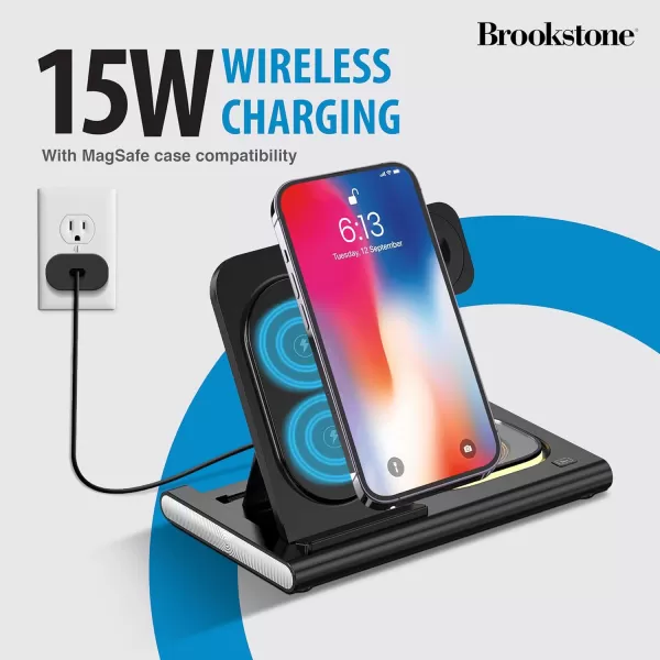 Brookstone 3in1 Wireless Charger Stand Fast Charging Station for iPhone 15141312 Pro Max Series All iWatch Series  iPhone Wireless Charging StationBlack