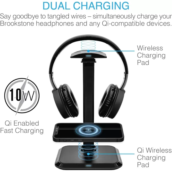 Brookstone Dual Qi Enabled Charging Stand for Smart Devices and Accessories amp Wireless Charging Headphones Bluetooth 50 WTouch Controls and Adjustable Headband USBC Charger Builtin MicBlack