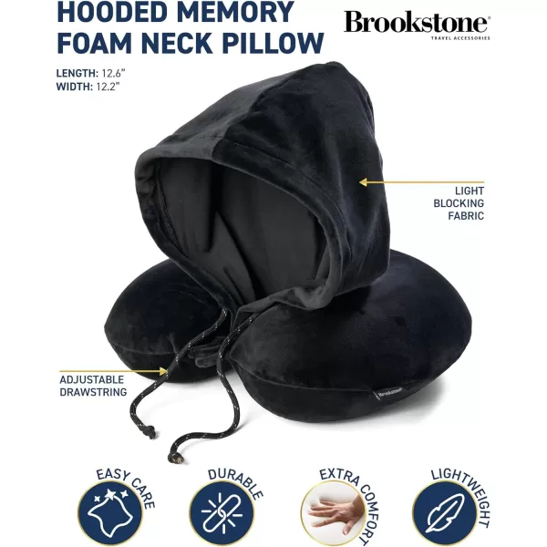 Brookstone Hooded Memory Foam Neck Pillow with High Density Memory Foam for Vacations Airplanes Trains Buses and Cars BlackBlack One Size