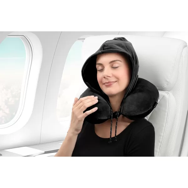 Brookstone Hooded Memory Foam Neck Pillow with High Density Memory Foam for Vacations Airplanes Trains Buses and Cars BlackBlack One Size