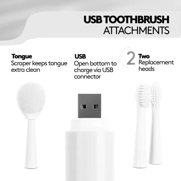 Brookstone Sonic Electric Toothbrush for Adults  USB Rechargeable Toothbrush Waterproof IPX7  2 Electric Toothbrush Replacement Heads and 1 Tongue Scraper  WhiteUSB Port Toothbrush White Rose Gold