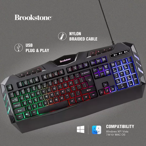 Brookstone USB Wired Gaming Keyboard with MultiColor LED Backlit Keys and Numeric Keypad Mac and PC Compatible wPalm Restw Palm Rest