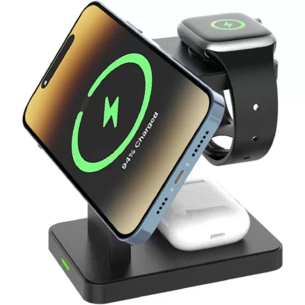 Brookstone 3 in 1 Wireless Charging Station Compatible with MagSafe Charger for Apple Fast Wireless Charger Stand for iPhone 15141312 Pro Max Series iWatch Series Airpods 3 2 ProBlack