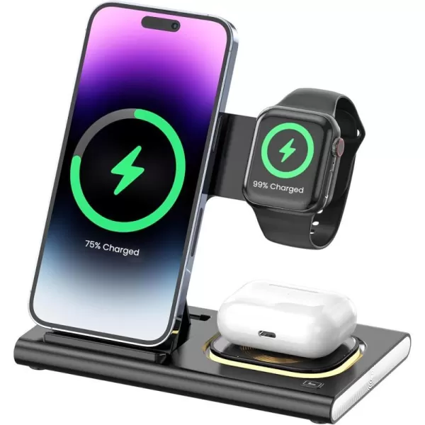 Brookstone 3in1 Wireless Charger Stand Fast Charging Station for iPhone 15141312 Pro Max Series All iWatch Series  iPhone Wireless Charging StationBlack