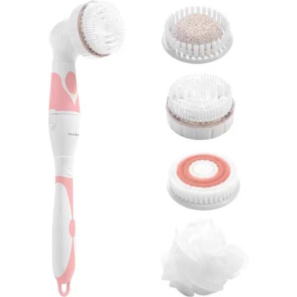 Brookstone 6 Piece Electric Body Bath Brush  Long Handled Body Scrubber and Facial Cleansing Brush  Battery Powered Shower Brush with 4 Spin Brush Heads5 Piece Set