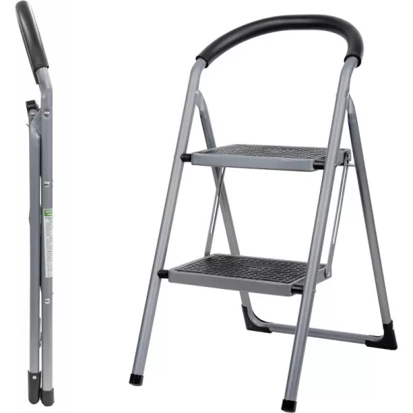 Brookstone BKH1319 2Step Ladder Holds up to 330 Pounds Durable Steel Frame Easily Folds for Storage NonSlip Textured Platform BlackSilver  Black