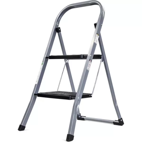 Brookstone BKH1319 2Step Ladder Holds up to 330 Pounds Durable Steel Frame Easily Folds for Storage NonSlip Textured Platform BlackSilver