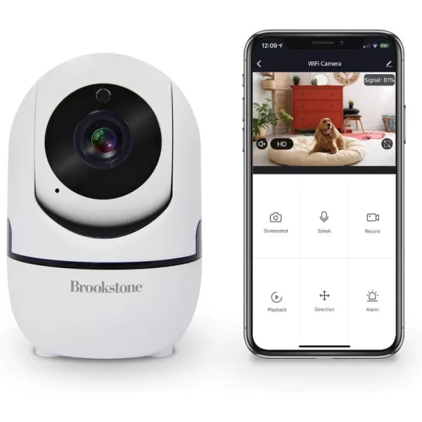 Brookstone Tilt and Pan WiFi Camera White  Smart Home Security System with Night Vision Motion Detector Audio Speaker AndroidiOS App and Live HD Video FeedBrookstone Tilt and Pan WiFi Camera White  Smart Home Security System with Night Vision Motion Detector Audio Speaker AndroidiOS App and Live HD Video Feed