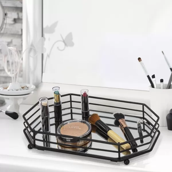 BROOKSTONE BKH1585 Dresser Tops Mirrored Vanity Tray for Perfume Jewelry and Other Accessories Bathroom Countertop Organizer Luxury Bath Storage ChromeElegant Black