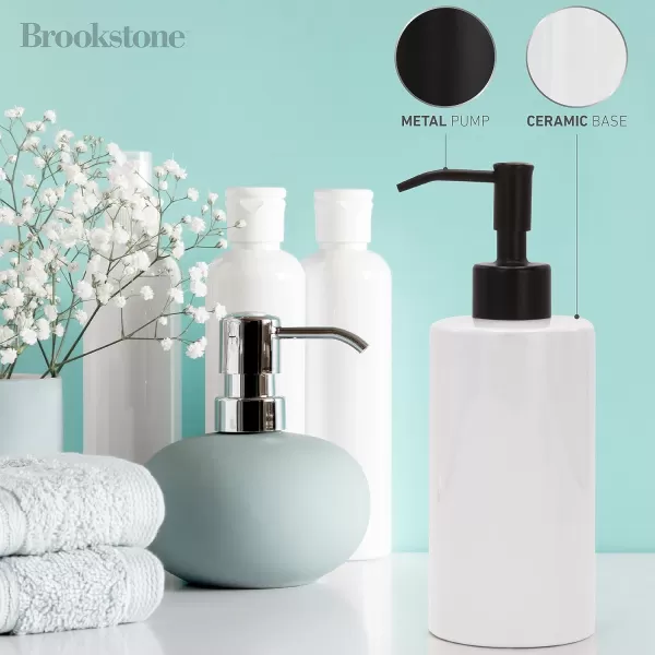 BROOKSTONE Ceramic Soap Dispenser with Metallic Top  Stylish and Modern Liquid Hand Soap Holder for Bathroom or Kitchen Round WhiteWhite