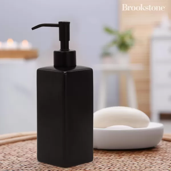 BROOKSTONE Ceramic Soap Dispenser with Metallic Top  Stylish and Modern Liquid Hand Soap Holder for Bathroom or Kitchen Square WhiteBlack