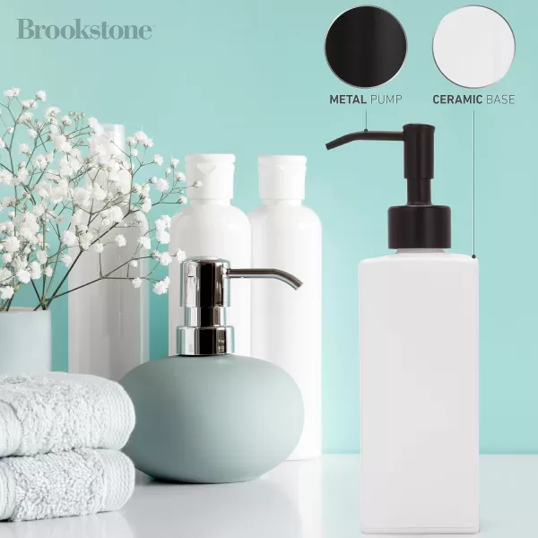 BROOKSTONE Ceramic Soap Dispenser with Metallic Top  Stylish and Modern Liquid Hand Soap Holder for Bathroom or Kitchen Square WhiteWhite