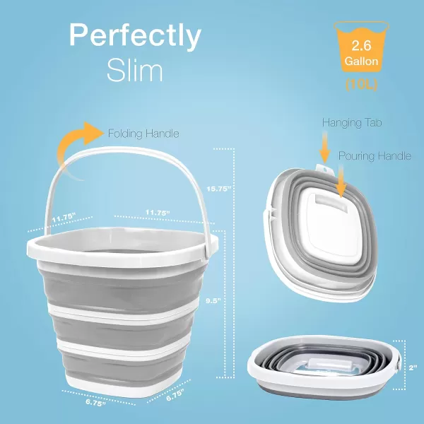 BROOKSTONE Slim Collapsible Bucket for Mopping 26 Gallons 10L Home Mop Cleaning or Car Washing Fishing or Camping with Smart Space Saving Design Round Dark GraySquare  White