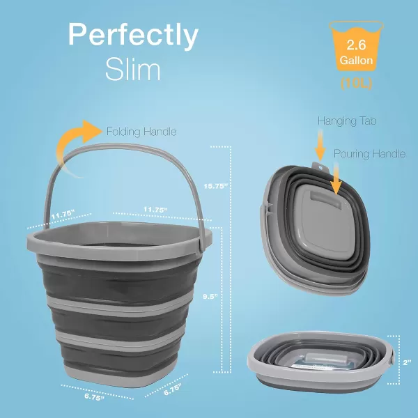 BROOKSTONE Slim Collapsible Bucket for Mopping 26 Gallons 10L Home Mop Cleaning or Car Washing Fishing or Camping with Smart Space Saving Design Round Dark GraySquare  Gray