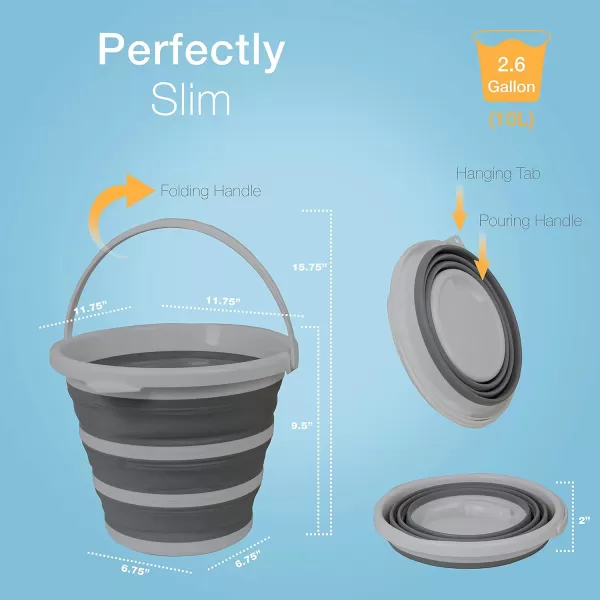 BROOKSTONE Slim Collapsible Bucket for Mopping 26 Gallons 10L Home Mop Cleaning or Car Washing Fishing or Camping with Smart Space Saving Design Round Dark GrayRound  Gray