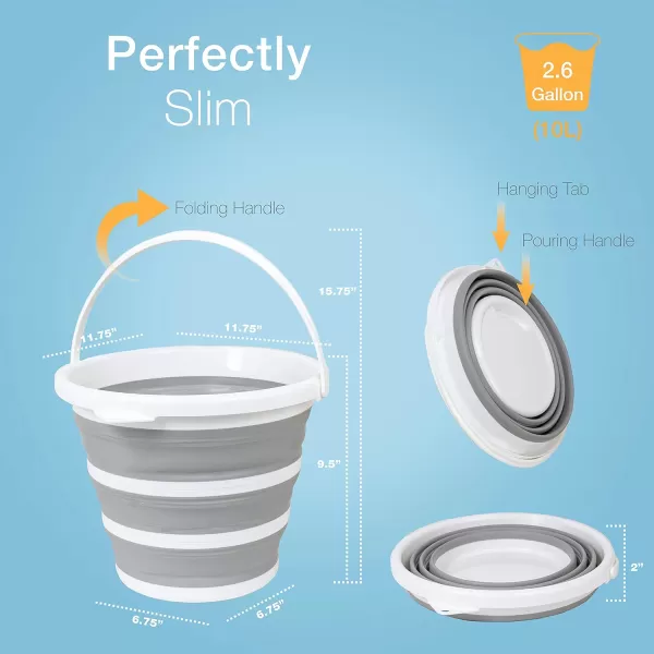 BROOKSTONE Slim Collapsible Bucket for Mopping 26 Gallons 10L Home Mop Cleaning or Car Washing Fishing or Camping with Smart Space Saving Design Round Dark GrayRound  White