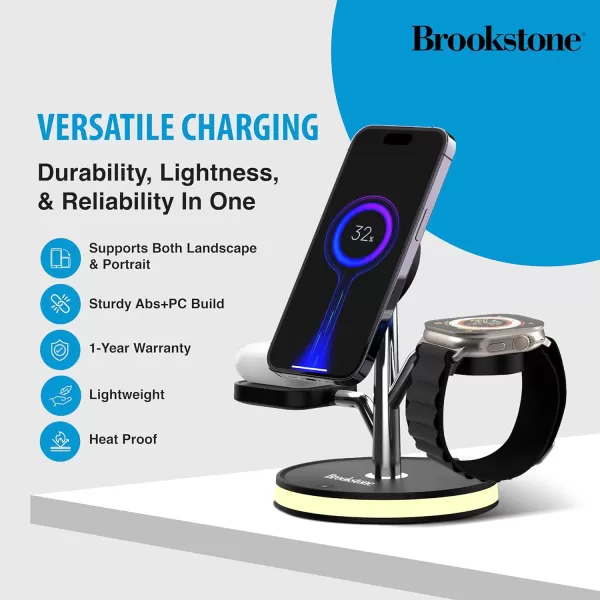 Brookstone 3in1 Wireless Charging Station Magnetic Charging Fast Wireless Charger Stand for iPhone 15141312 Pro Max Series All iWatch Series amp Android Phone with Qi ChargingBlack