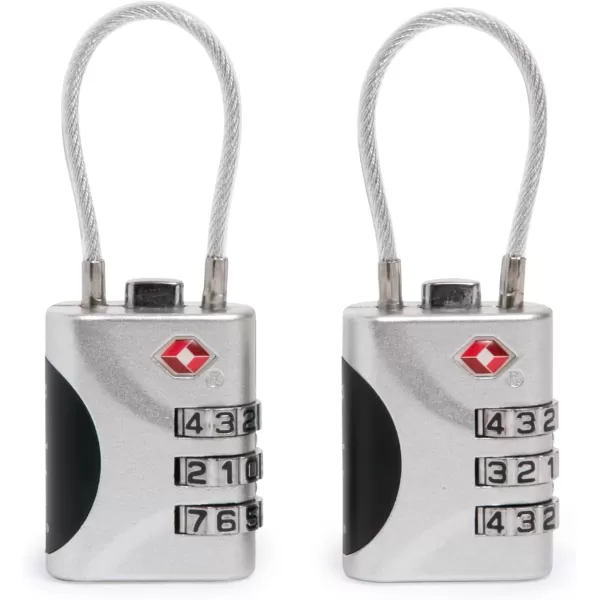 Brookstone Cable Lock  2 Pack TSAApproved 3Digit Keyless Luggage Travel Lock  Resettable Combination Wire Padlock SilverSilver