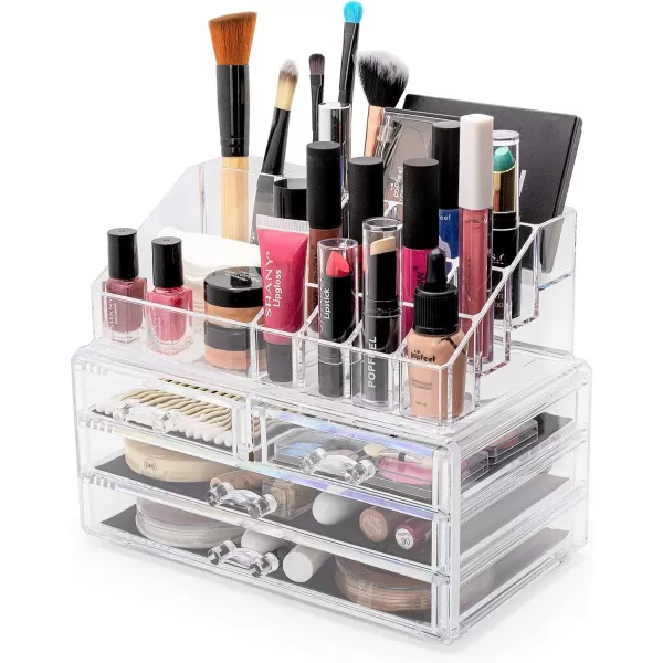 Brookstone Makeup Organizer for Vanity Cosmetic Display Case with Drawers Fits Brushes Lipsticks and Other Accessories Versatile Storage Solution clearClear