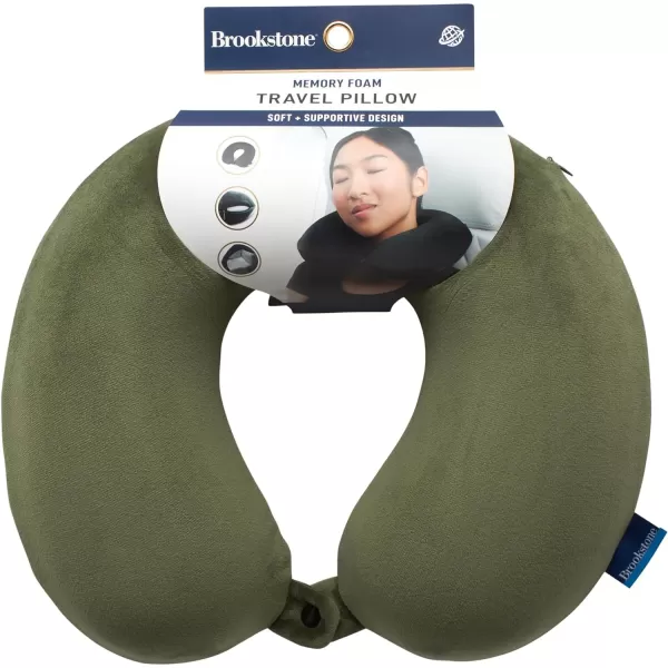 Brookstone Memory Foam Travel Neck Pillow for Vacations Airplanes Trains Buses and Cars Size One Size OliveOlive One Size