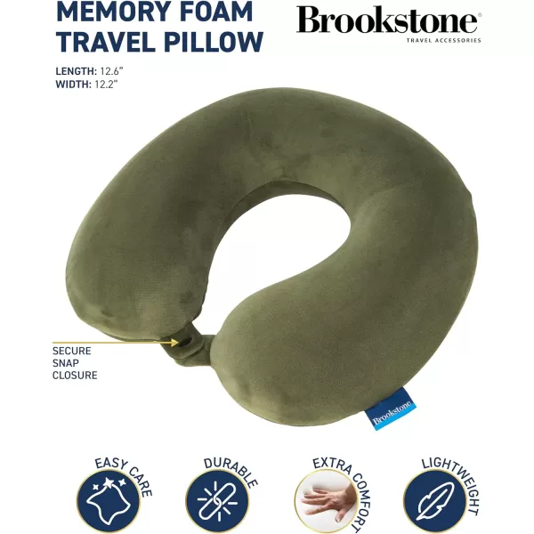 Brookstone Memory Foam Travel Neck Pillow for Vacations Airplanes Trains Buses and Cars Size One Size OliveOlive One Size