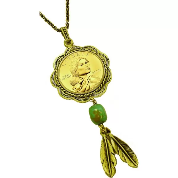 Brookstone Sacagawea Brass and Turquoise PendantBrookstone Sacagawea Brass and Turquoise Pendant