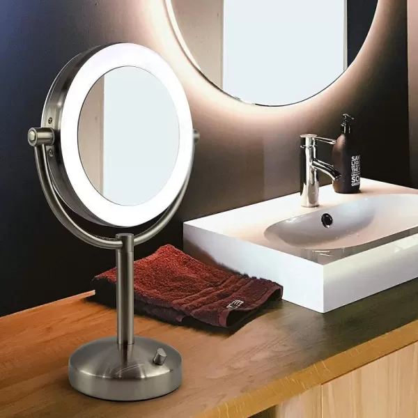 Tabletop LED Light Makeup Mirror AC Adaptor 10x1x Magnification Chrome Finish by BrookstoneTabletop LED Light Makeup Mirror AC Adaptor 10x1x Magnification Chrome Finish by Brookstone