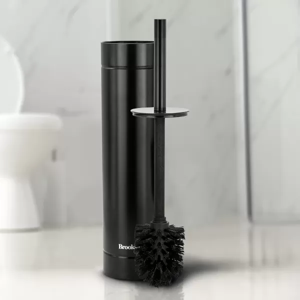 BROOKSTONE Chrome Slim Toilet Brush with Holder Deep Bowl Cleaning Long Handle Splash Protective Disc Stylish Modern Design Leakproof Inner Container Space Saving DesignBlack