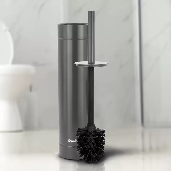 BROOKSTONE Chrome Slim Toilet Brush with Holder Deep Bowl Cleaning Long Handle Splash Protective Disc Stylish Modern Design Leakproof Inner Container Space Saving DesignGun Metal