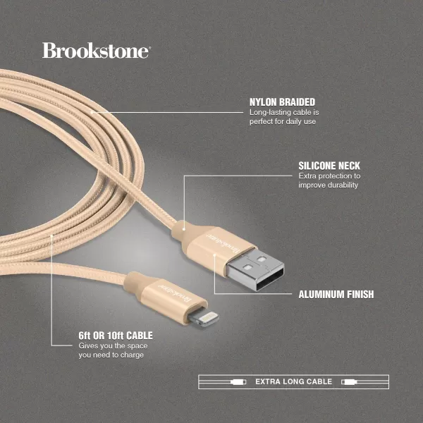 Brookstone Lightning to USBA Charging Cable 6 or 10 Feet MFi Certified Nylon Braided iPhone SE1111 Pro11 Pro MaxXSXS MaxXRX88 Plus77 Plus6iPad AirAirpods 10 Ft GoldBrookstone Lightning to USBA Charging Cable 6 or 10 Feet MFi Certified Nylon Braided iPhone SE1111 Pro11 Pro MaxXSXS MaxXRX88 Plus77 Plus6iPad AirAirpods 10 Ft Gold