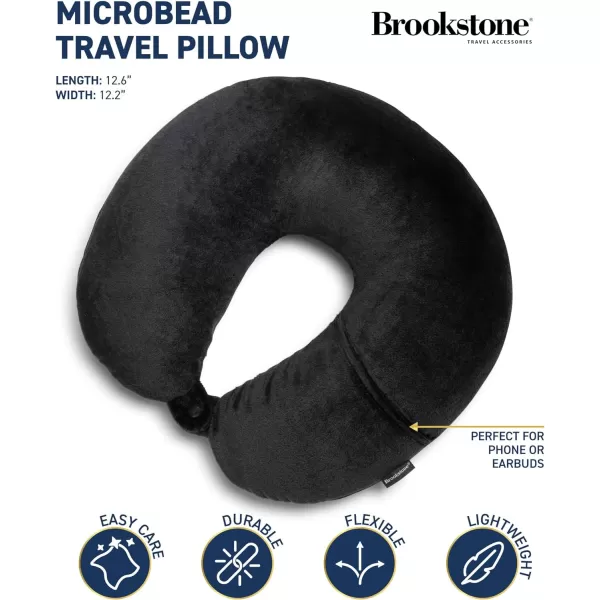 Brookstone Microbead Travel Head and Neck Pillow Lightweight and Plush with Phone or Headphone Pocket BlueBlack One Size