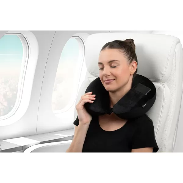 Brookstone Microbead Travel Head and Neck Pillow Lightweight and Plush with Phone or Headphone Pocket BlueBlack One Size