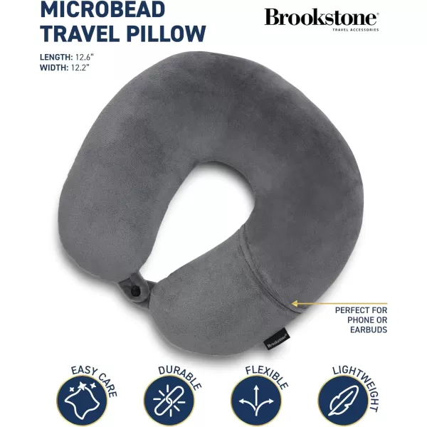 Brookstone Microbead Travel Head and Neck Pillow Lightweight and Plush with Phone or Headphone Pocket BlueDark Grey One Size