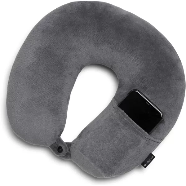 Brookstone Microbead Travel Head and Neck Pillow Lightweight and Plush with Phone or Headphone Pocket BlueDark Grey One Size