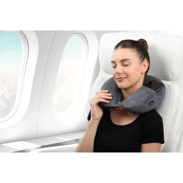 Brookstone Microbead Travel Head and Neck Pillow Lightweight and Plush with Phone or Headphone Pocket BlueDark Grey One Size