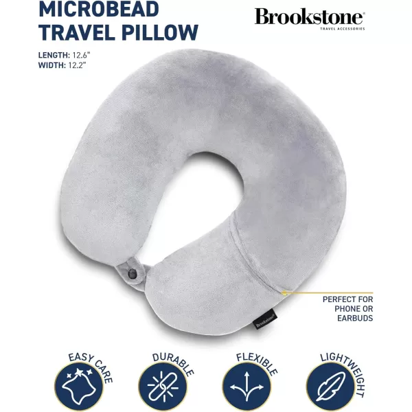 Brookstone Microbead Travel Head and Neck Pillow Lightweight and Plush with Phone or Headphone Pocket BlueGrey One Size