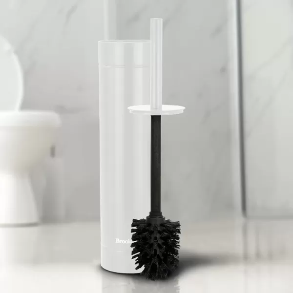 BROOKSTONE Chrome Slim Toilet Brush with Holder Deep Bowl Cleaning Long Handle Splash Protective Disc Stylish Modern Design Leakproof Inner Container Space Saving DesignWhite