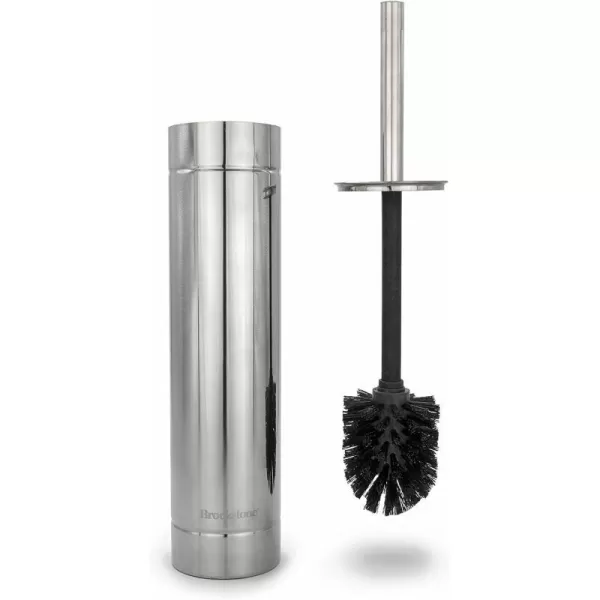 BROOKSTONE Chrome Slim Toilet Brush with Holder Deep Bowl Cleaning Long Handle Splash Protective Disc Stylish Modern Design Leakproof Inner Container Space Saving DesignChrome