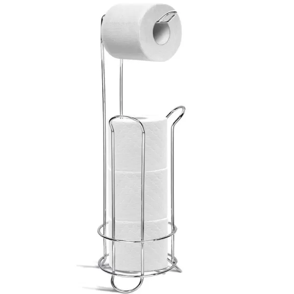 Brookstone Chrome Toilet Paper Holder with Dispenser Freestanding Bathroom Tissue Organizer Minimal Storage Solution Stylish Design Holds Up to 3 Extra Large Rolls  1 On Top BKH1457Brookstone Chrome Toilet Paper Holder with Dispenser Freestanding Bathroom Tissue Organizer Minimal Storage Solution Stylish Design Holds Up to 3 Extra Large Rolls  1 On Top BKH1457