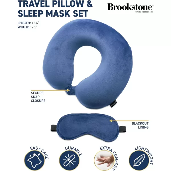 Brookstone Memory Foam Neck Pillow Travel Set with High Density Memory Foam Neck Pillow and Sleep Eye Mask for Vacations Airplanes Trains Buses and Cars GreyBlue