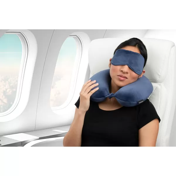 Brookstone Memory Foam Neck Pillow Travel Set with High Density Memory Foam Neck Pillow and Sleep Eye Mask for Vacations Airplanes Trains Buses and Cars GreyBlue