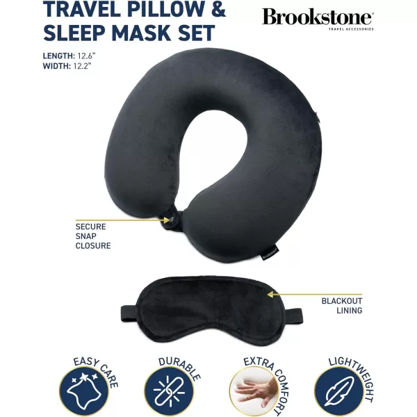 Brookstone Memory Foam Neck Pillow Travel Set with High Density Memory Foam Neck Pillow and Sleep Eye Mask for Vacations Airplanes Trains Buses and Cars GreyBlack