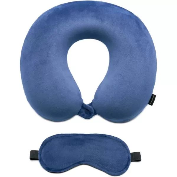 Brookstone Memory Foam Neck Pillow Travel Set with High Density Memory Foam Neck Pillow and Sleep Eye Mask for Vacations Airplanes Trains Buses and Cars GreyBlue