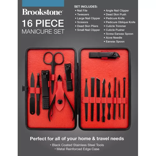 BROOKSTONE 16 Piece Manicure Kit Nail Clippers Set with Case Black Coated Stainless Steel Professional Grooming Tools for Adults Toenail Clipper tweezers Dead Skin Push Scissors and much moreBROOKSTONE 16 Piece Manicure Kit Nail Clippers Set with Case Black Coated Stainless Steel Professional Grooming Tools for Adults Toenail Clipper tweezers Dead Skin Push Scissors and much more