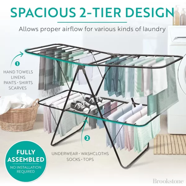 Brookstone  Extra Large  Double Spaced  2 Tier Collapsible Clothes Drying Rack IndoorOutdoor Folding Hanging Garment Stand NO Assembly  Ready Out of The BoxBlack