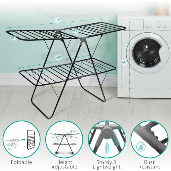 Brookstone  Extra Large  Double Spaced  2 Tier Collapsible Clothes Drying Rack IndoorOutdoor Folding Hanging Garment Stand NO Assembly  Ready Out of The BoxBlack
